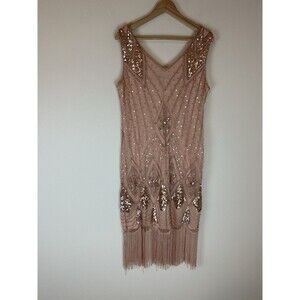 Women's Flapper Dress Vintage Style Beaded Fringe Great Gatsby Blush Size L